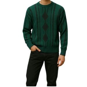 VINTAGE 90’s Men’s Grandpa Sweater Forest Green Black Cable Knit Drop Shoulder S